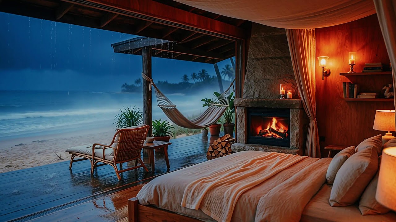 Experience Ultimate Serenity:  Heavy Rain, Fireplace & Ocean Waves  for Deep Sleep