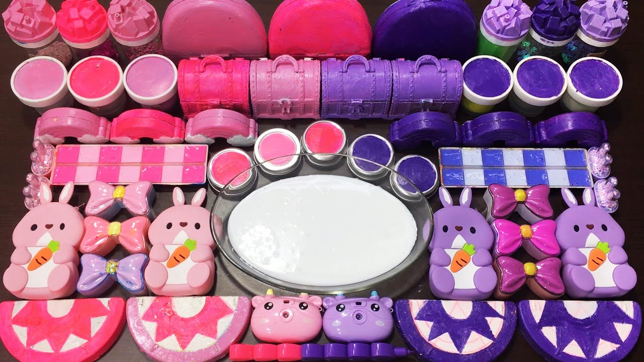 PINK VS PURPLE SLIME ! Mixing Random Things Into GLOSSY Slime