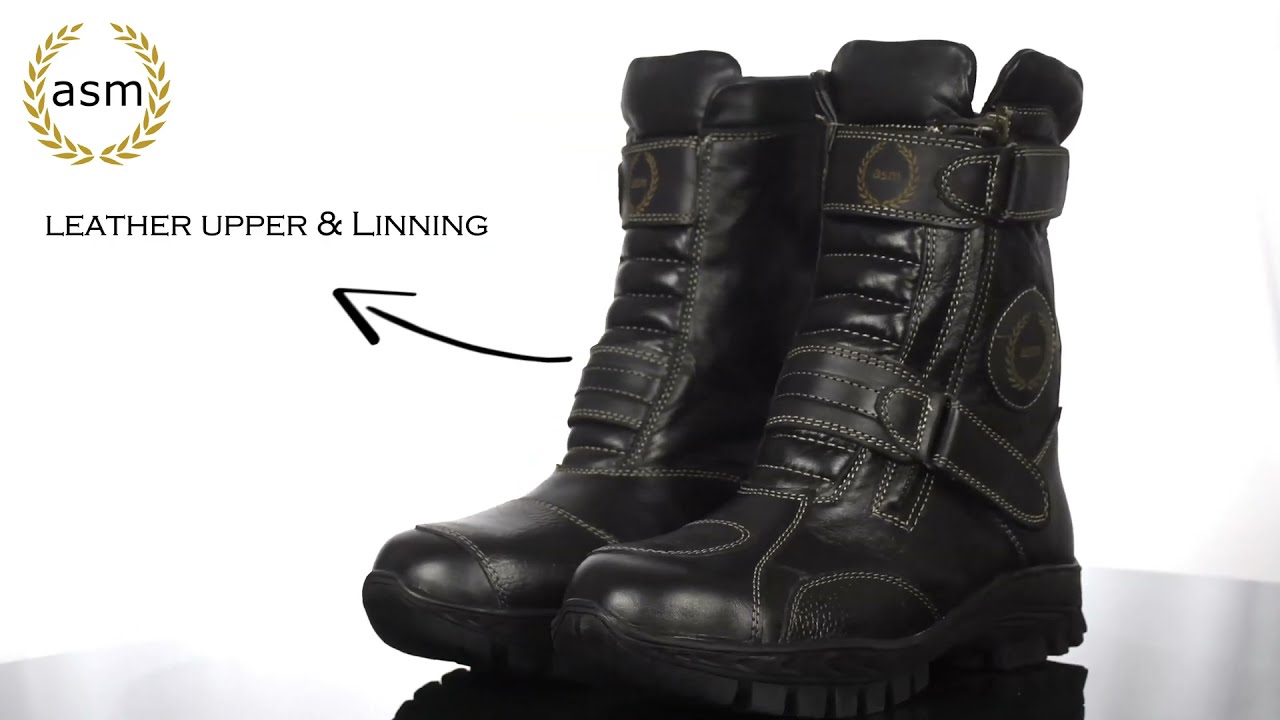 BIKER BOOTS : BLACK LEATHER WATERPROOF BOOTS WITH STEEL TOE, HEAVY DUTY RUBBER SOLE.