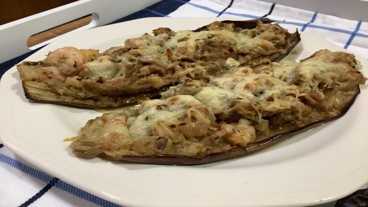 Berenjenas rellenas de atún y gambas (fáciles y saludables)