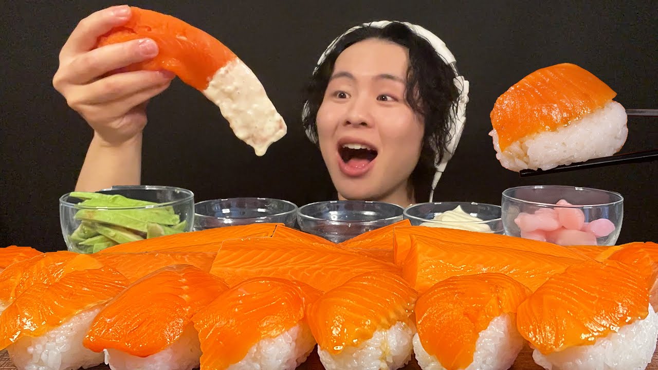 【ASMR】 サーモン1kg使ってお刺身とムチムチの寿司を食べる‼️【咀嚼音/mukbang/大食い】