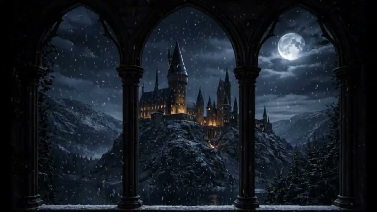 Harry Potter Hogwarts Arch Window | Snowy Castle Night | Ambient Projector Video