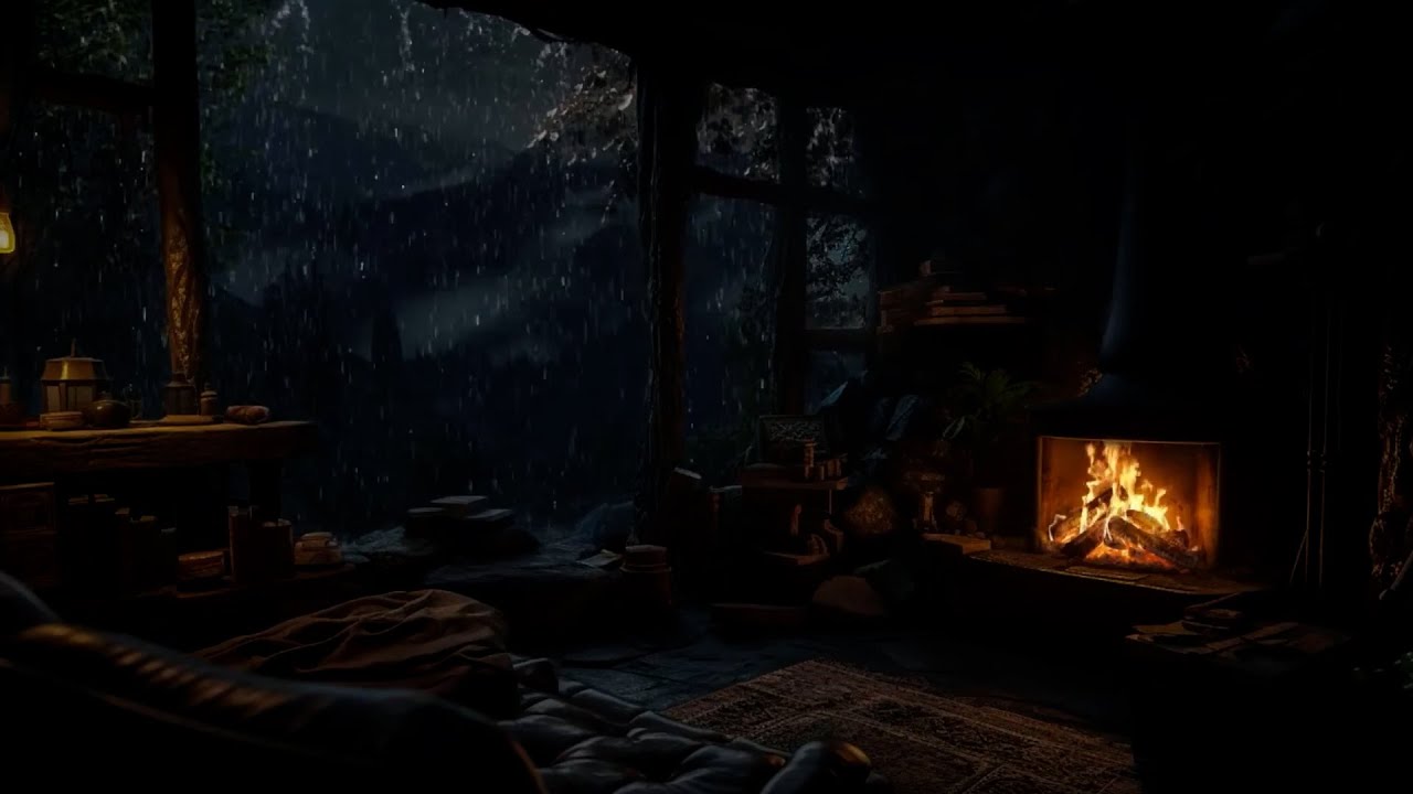 Cozy Cave Shelter from Heavy Rain and Thunder with Fireplace Sounds ⛈️ 12 Hours Sleep, Study, Relax