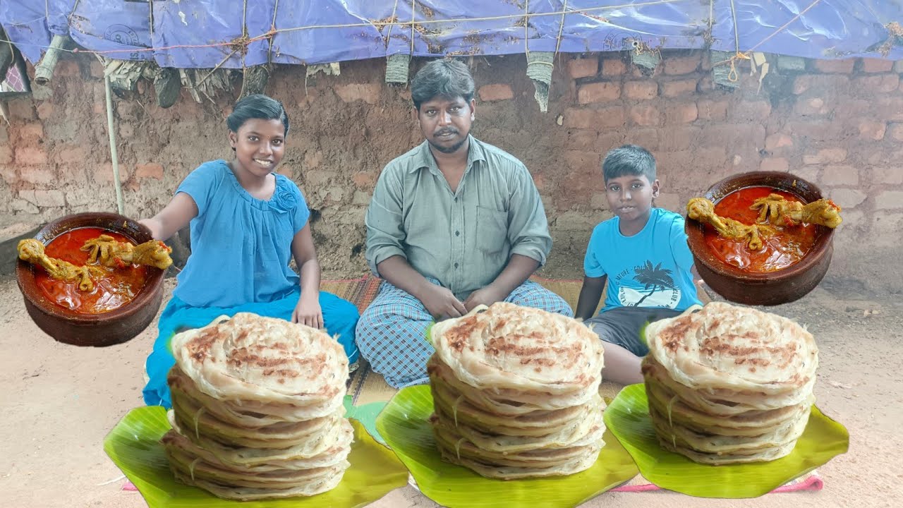 Extraordinary parotta challenge daddy and children with chicken curry, spicy leg piece eating shows