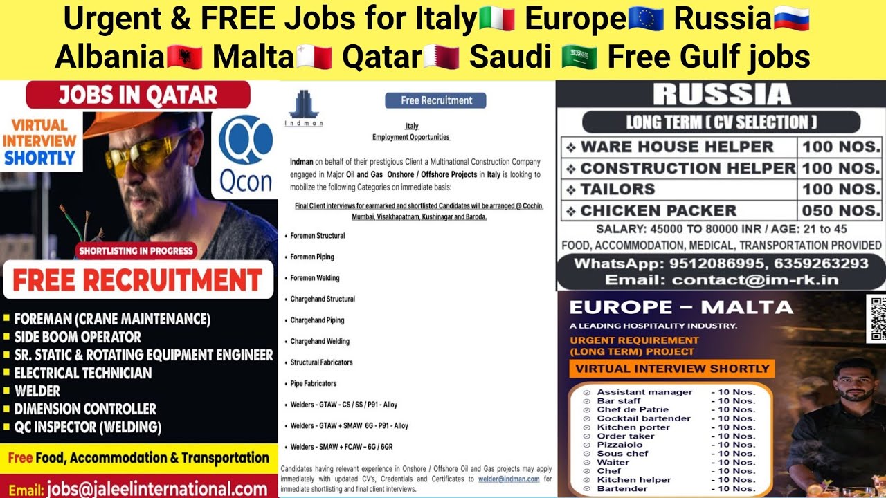 Срочные и БЕСПЛАТНЫЕ вакансии в Италии🇮🇹, Европе🇪🇺, России🇷🇺, Албании🇦🇱, Мальте🇲🇹, Катаре🇶🇦, Сауд...