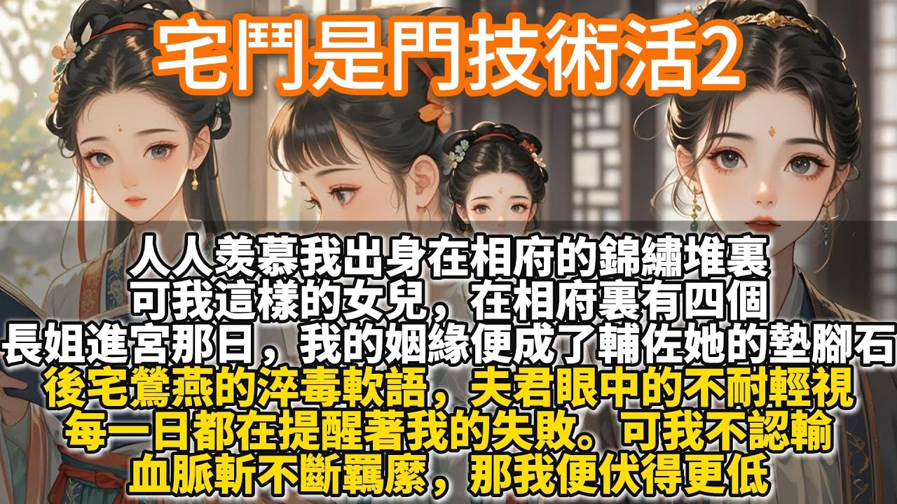 完結大女主權謀宅鬥文：宅鬥是門技術活2。人人羡慕我出身在相府的錦繡堆裏。可我這樣的女兒，在相府裏有四個。我引以為傲的姿容，在長姐的天然風華面前不值一提。我苦心經營的計策，不敵四妹素手輕抬間的翻雲覆雨