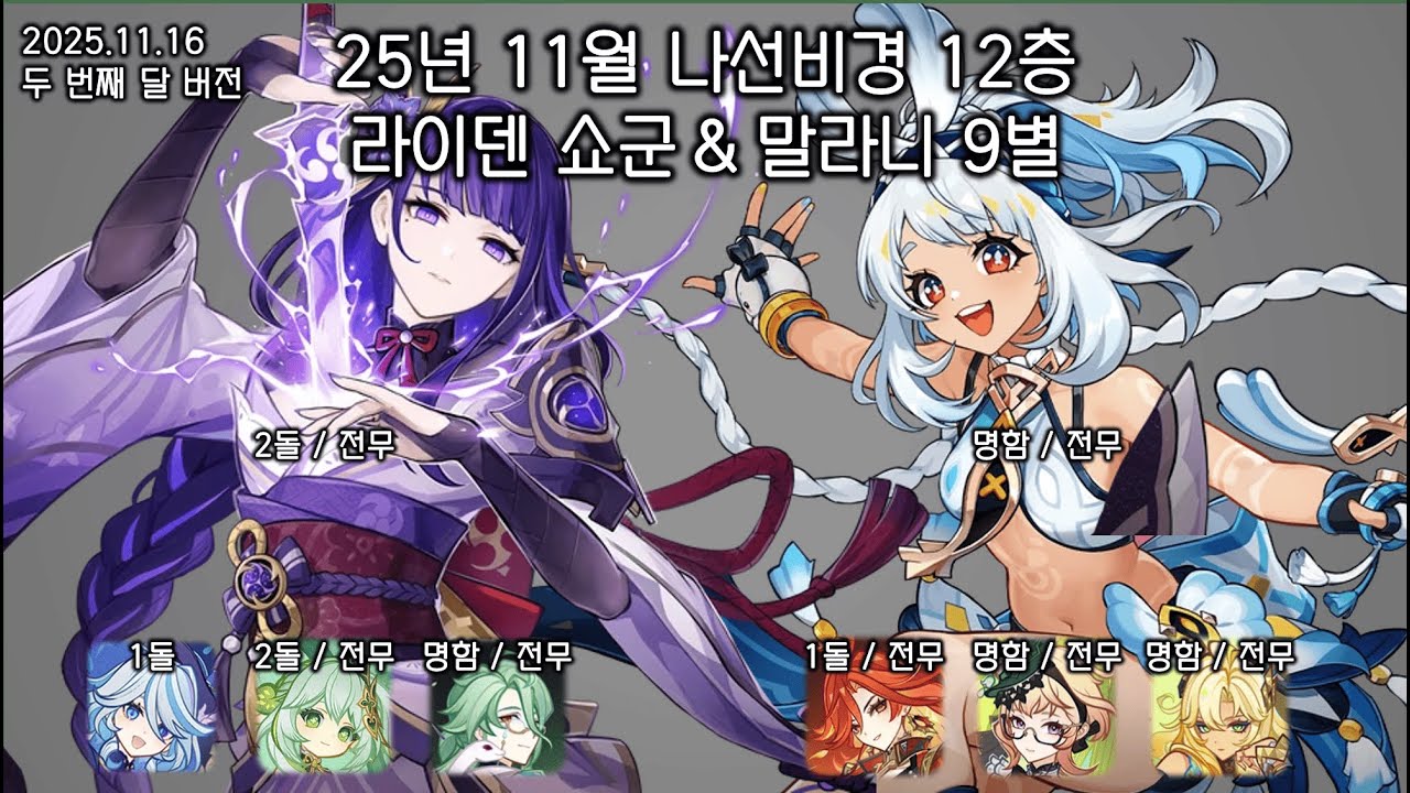 [원신] 25년 11월 나선비경 12층 9별 / 라이덴 쇼군, 말라니