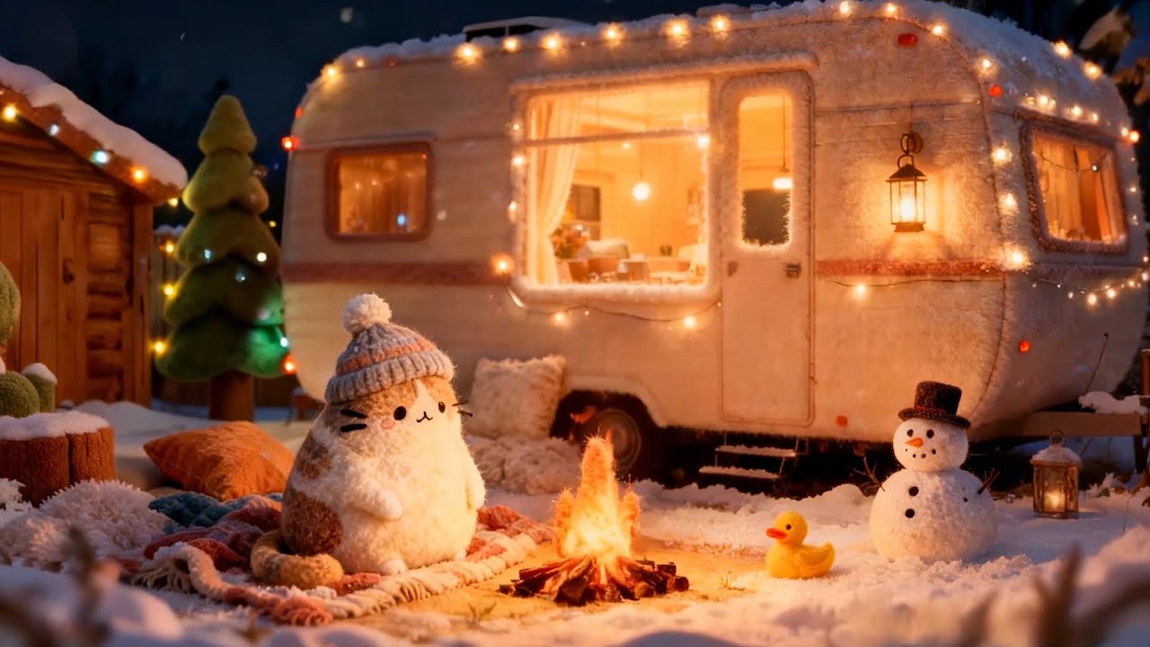 Winter Camping with Mochi Cat's Bonfire 🔥 Relaxing Jazz Lofi for Sleep