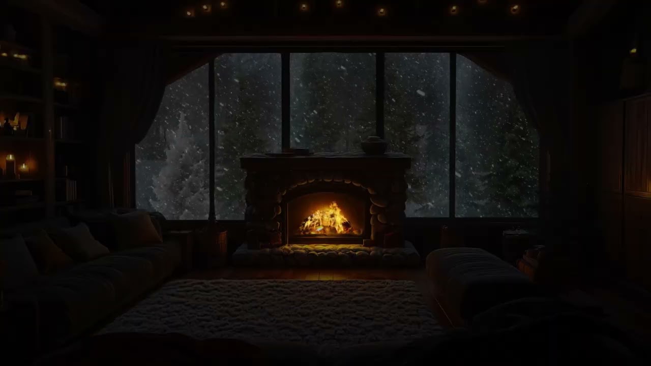Warm Winter Cabin Night Ambience with Soft Snow Falling and Cozy Fireplace Sounds for Better Sleep
