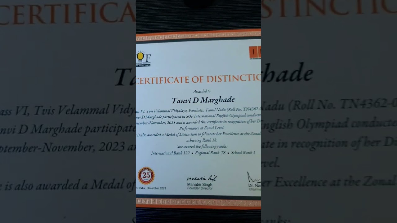 Medal of Distinction in IEO SOF Olympiad/ Prize Distribution Of SOF English Olympiad