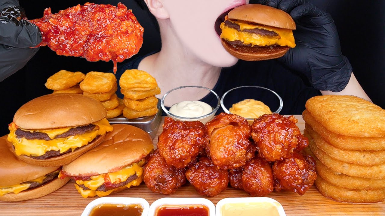 ASMR TRIPLE CHEESEBURGERS MCDONALDS CHICKEN HASH BROWNS  MUKBANG 치즈버거 맥도날드 먹방マクドナルド 咀嚼音EATING SOUNDS