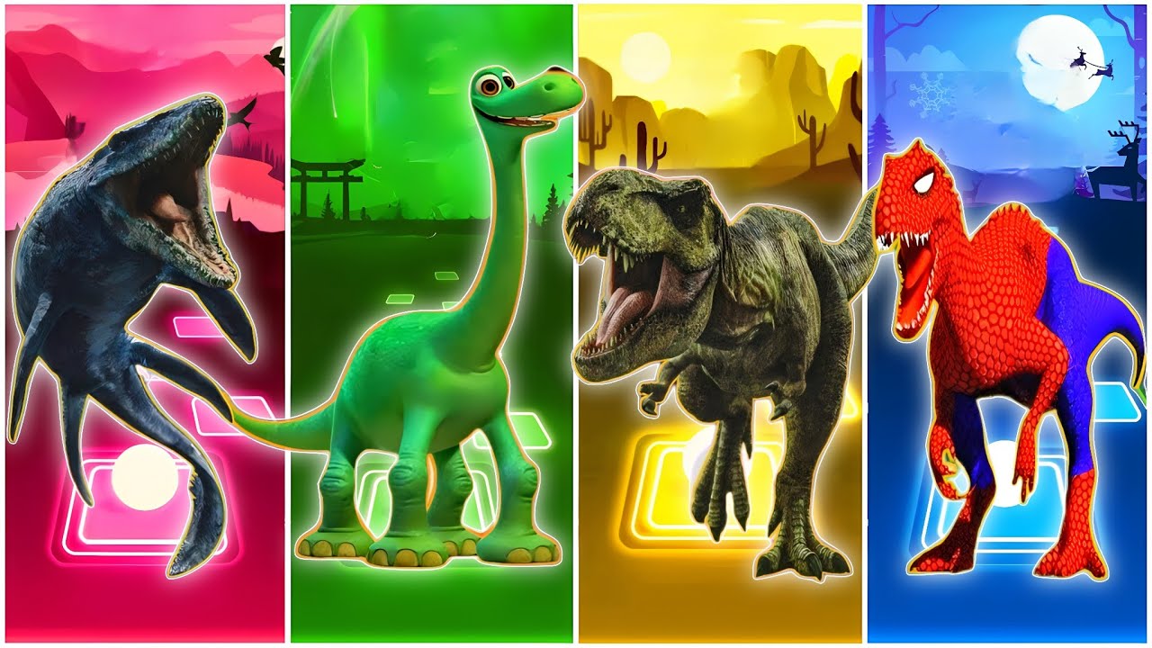 🦕Jurassic world Mosasaurus🆚The Good Dinosaurus🆚The Tyranosaurus🆚The Indomus Rex CoffinDance TilesHop