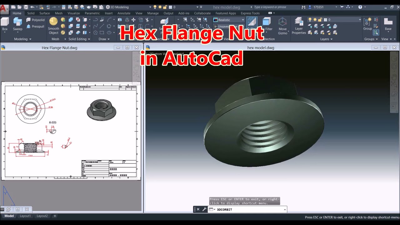 HEX FLANGE NUT IN AUTOCAD