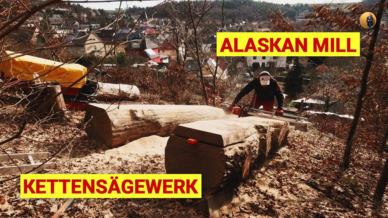 Alaskan Mill mit STIHL MS500i… Kettensägewerk vs. Eichenstamm, Bohlen mit der Motorsäge schneiden