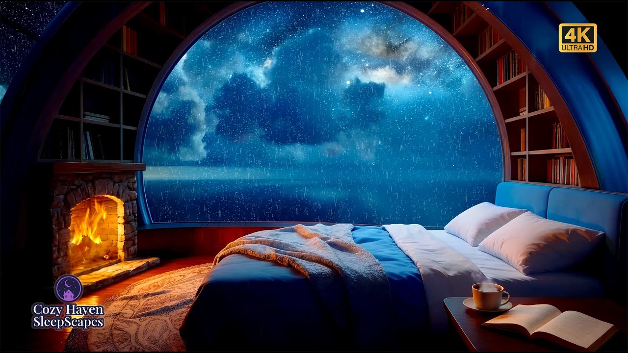Cozy Rainy Night by the Fireplace | Deep Sleep Ambience | Rain on Glass, Crackling Fire