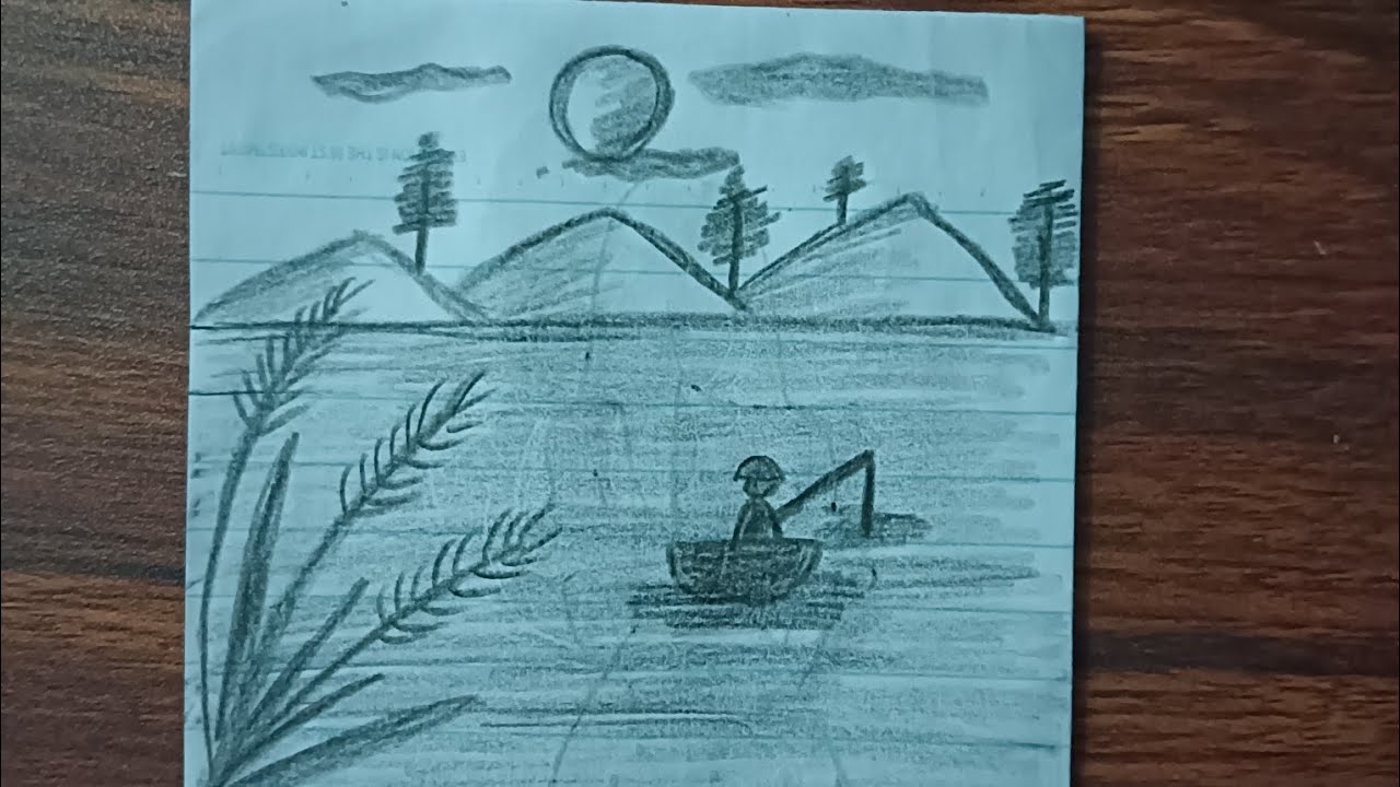 Simple Fishing Landscape Drawing | Easy Pencil Art Tutorial