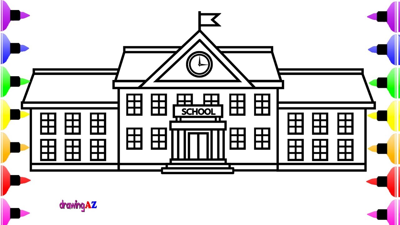 How to Draw School for Colouring with Colored Marker