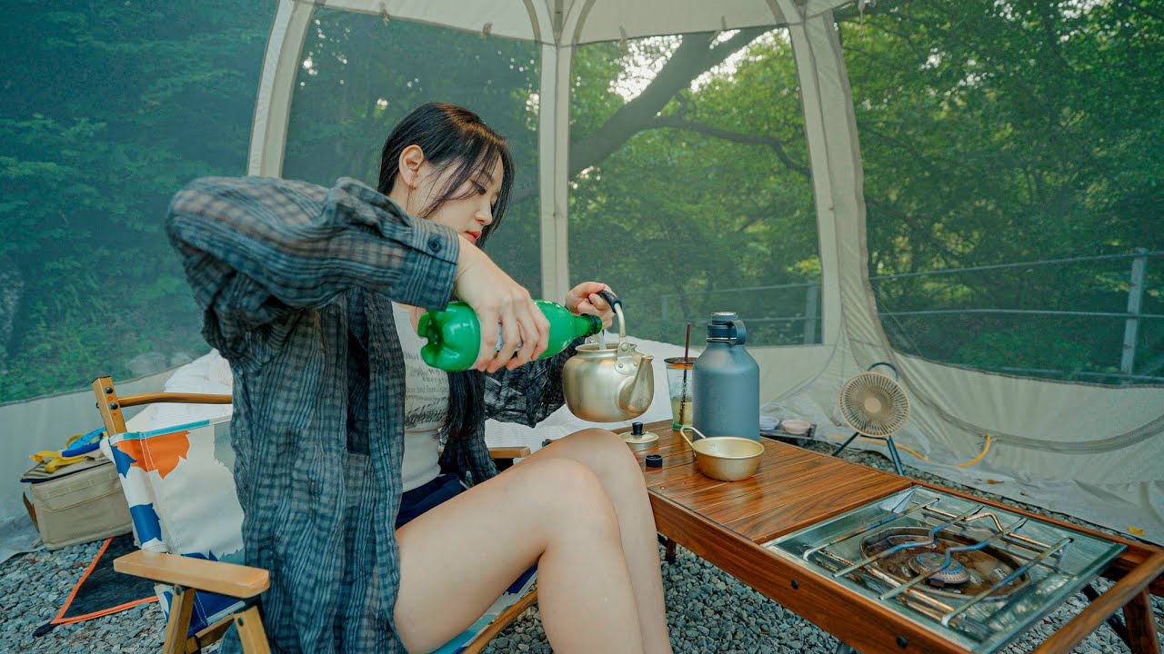 올메쉬 대형 원터치 텐트로 숲 속 계곡 그늘 아래서 캠핑, 그런데 막걸리와 치즈 감자채전을 곁들인💕| 양평 거북바위캠핑장