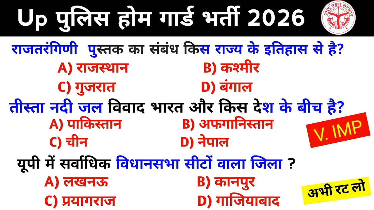 UP Homeguard Bharti Top Questions /Homeguard Practice Set 2026/Gk Top Question 2026