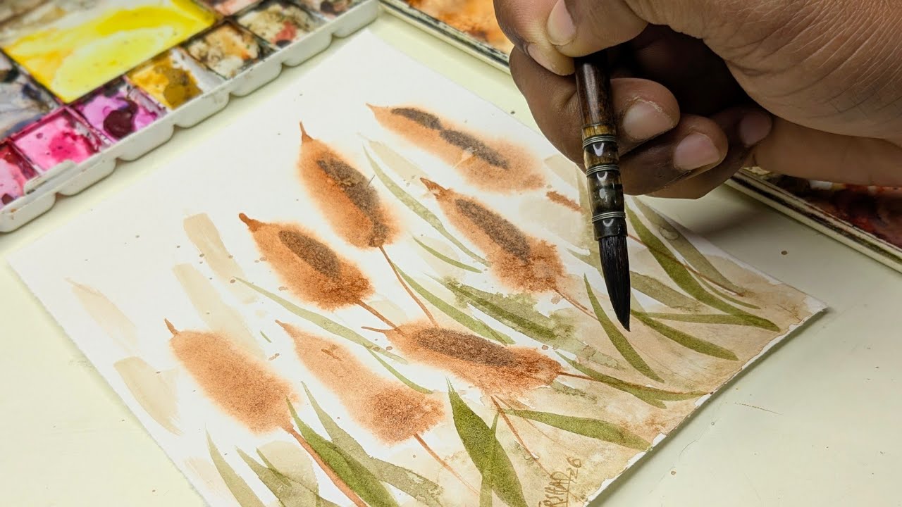 How to Paint Fluffy Cattails in Watercolor | Wet on Wet Technique