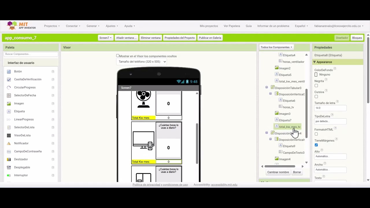 4- App Consumo Eléctrico en AppInventor: Nombramiento de Componentes