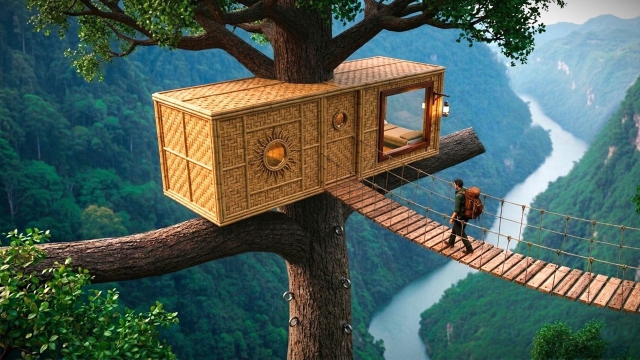 55 Days Building a dream bamboo house in the treetops, survial alone, nature food