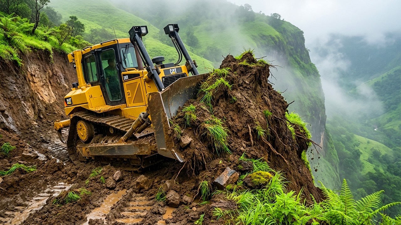 Stressful! Bulldozer Building Road on Impossible Steep Mountain Cliffside