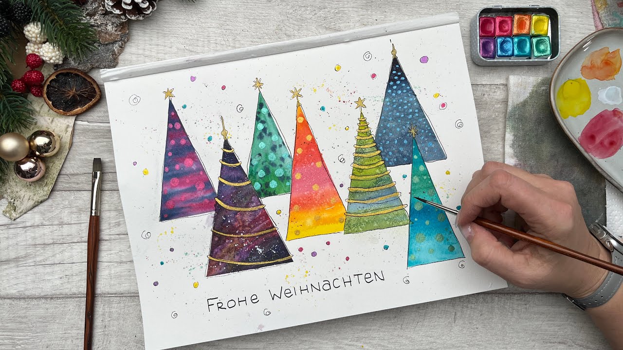 Aquarell malen / Ideen für dein Sketchbook / Bunte Tannenbäume / einfache Techniken für Anfänger 