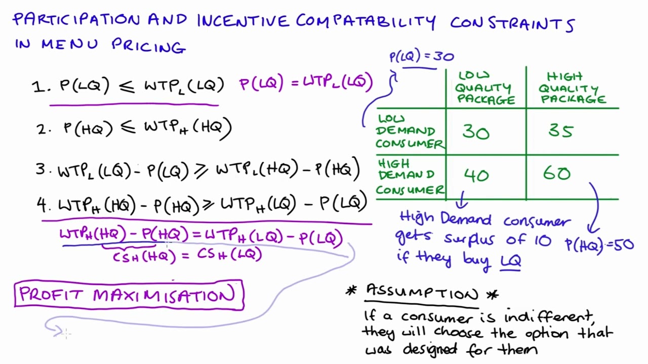 Participation and Incentive Compatibility Constraints in Menu Pricing