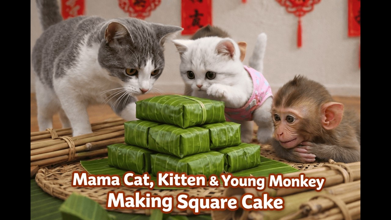 Mama Cat, Kitten & Baby Monkey Making Square Cake| Lunar New Year Celebration 🧧🐾