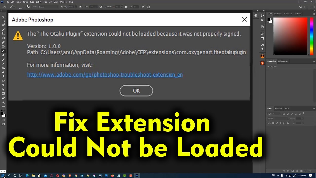 How to fix extension could not be loaded because it was not properly signed in Adobe Photoshop