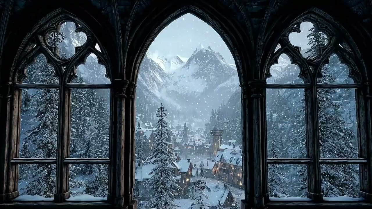 Magical Castle Winter Window View 4K ❄️ Snowfall & Distant Wind Ambience for Sleep