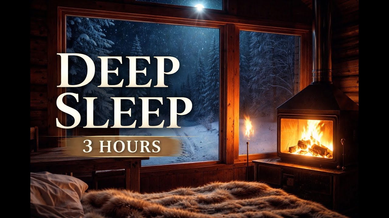 3 Hours Deep Sleep Music ❄️ Nordic Cabin Fireplace & Snow | Calm Piano