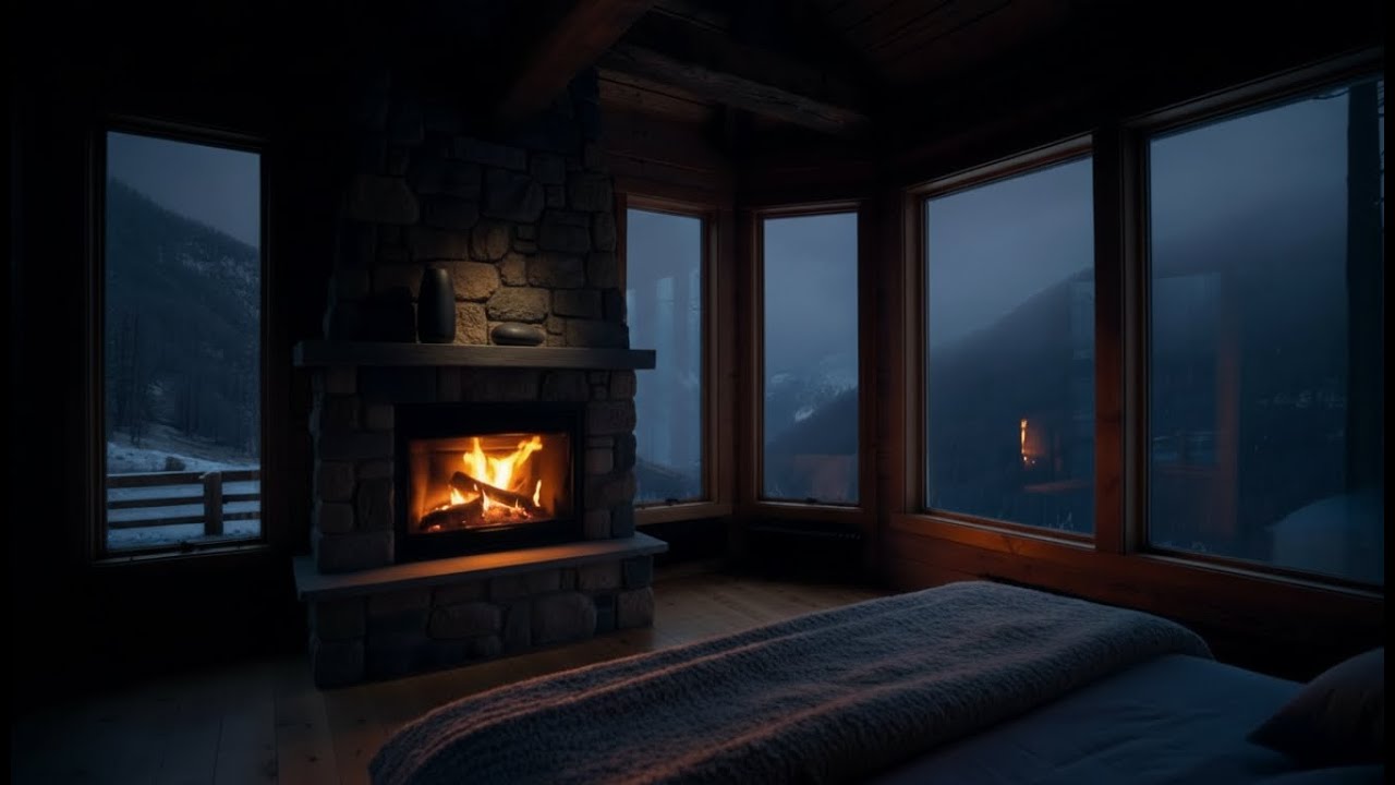 Quiet Cabin in the Woods – Heavy Rain & Crackling Fire Night Ambience