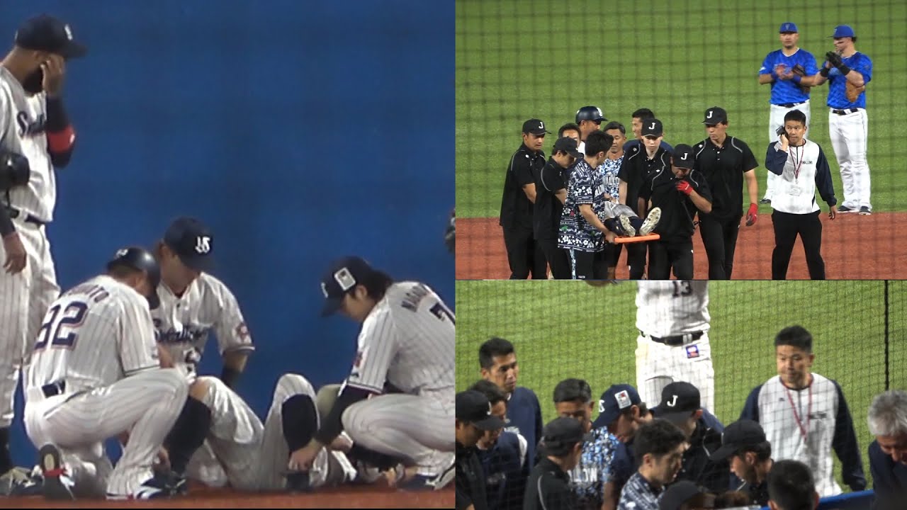 また悪夢か…丸山和郁が中飛捕球後、フェンスに激突し交代担架で運ばれるなか　筒香が！オースティンが！スタンド全員が「がんばれ、丸山」の声飛ぶ　ヤクルトスワローズ　 2024年5月22日　神宮球場