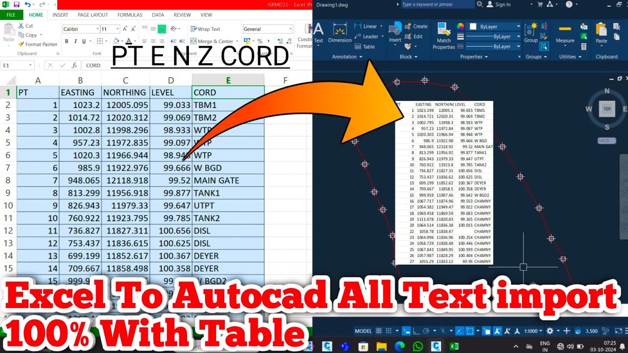 How To Import Text Excel To Autocad || Pt Easting Northing Elevation Cord Excel To Autocad Easy Way
