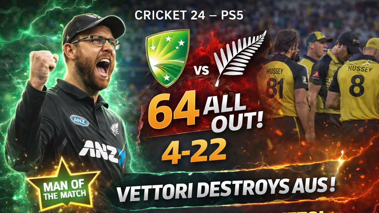 AUS 64 ALL OUT 😳 | VETTORI 4-22 🔥 | NZ WIN BY 8 WICKETS | Cricket 24 PS5