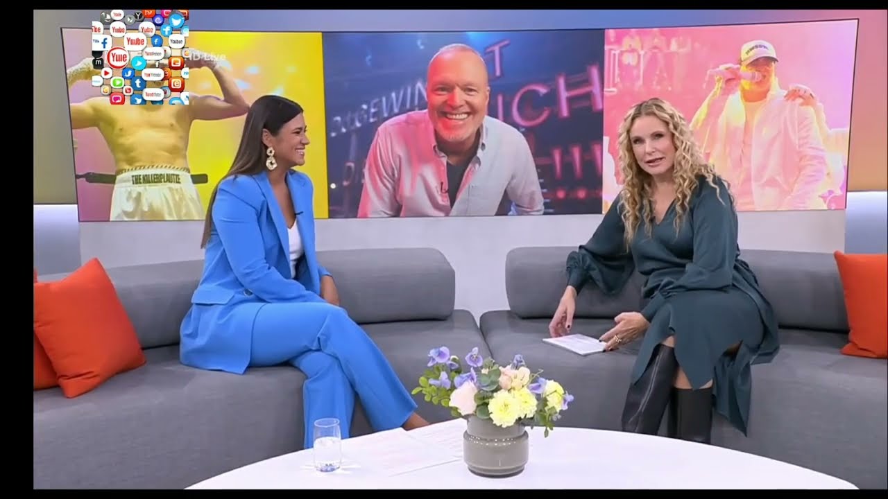 Katja Burkard Elegant TV Presenter with Satin Wrap Dress and Leather boots