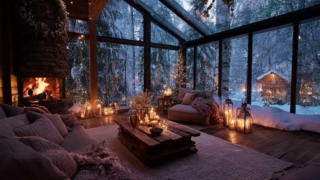 Still Winter Wind and Snow Outside | Cozy Fireplace Crackling for Long Calm Nights
