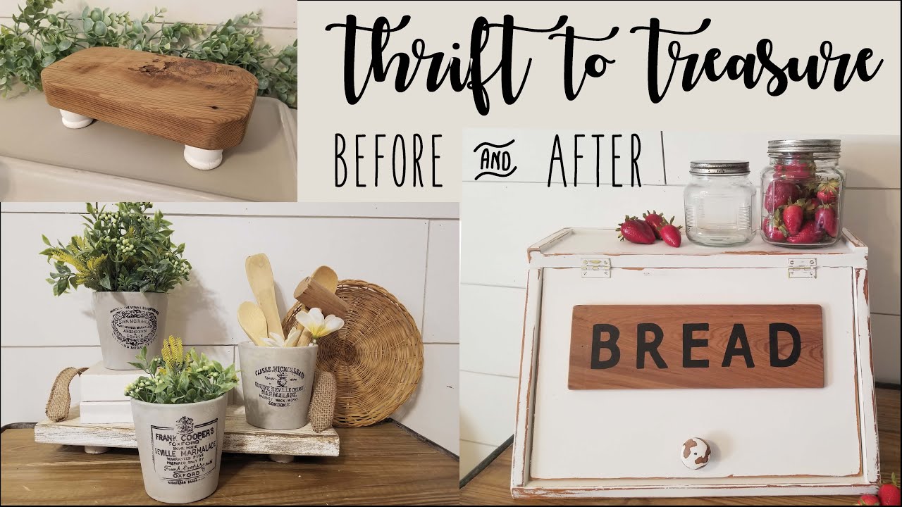 Thrift to Treasure • wood tray • bread box • small ceramic pots