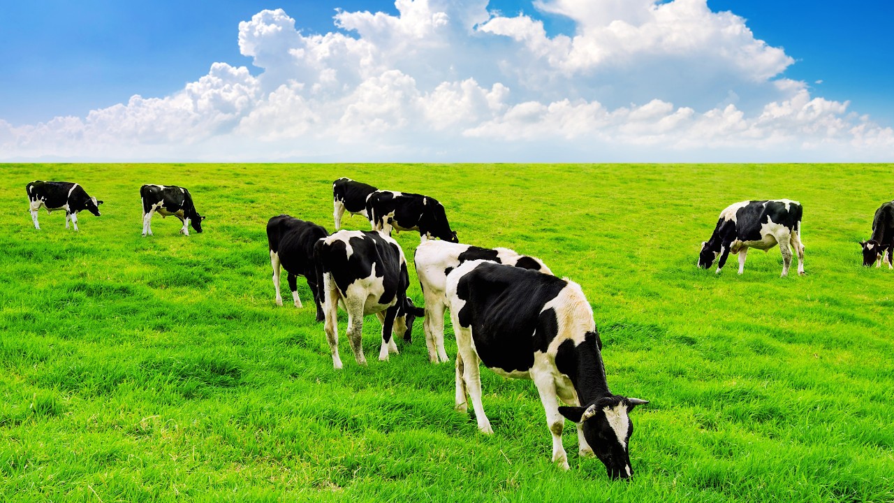 Cows Grazing in a Wide Green Meadow Under Blue Sky 🌿 Calm Music  Peaceful Wildlife Views