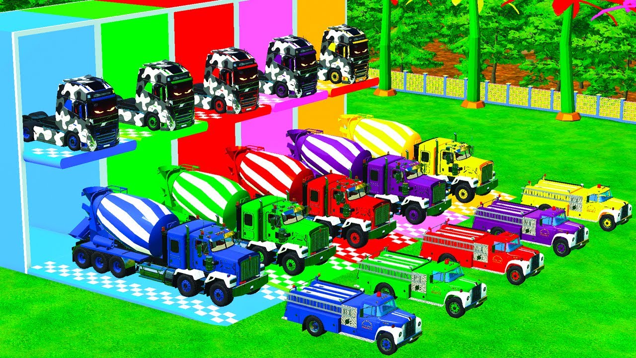 Garage with Colors - ALL MIXER TRUCK WITH DOUBLE FLATBED TRAILER TRUCK, KENWORTH, SCANIA, CAT - FS22