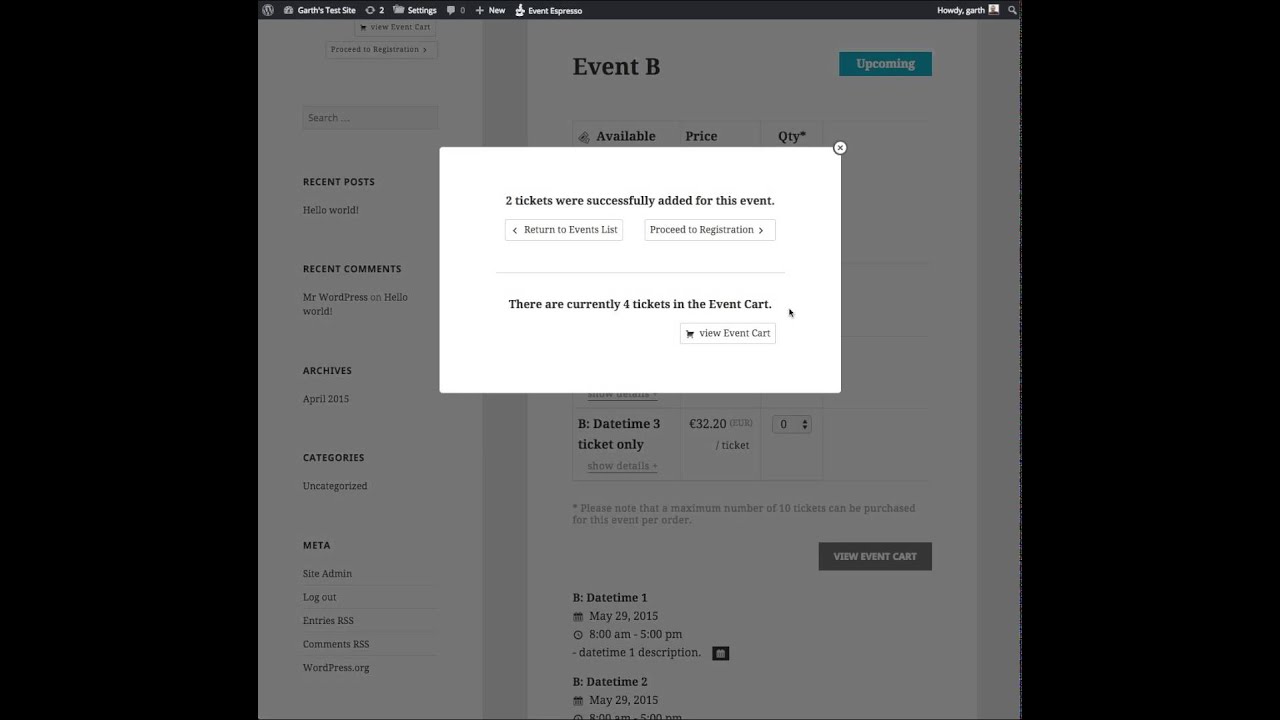 Multiple Event Registration Ticket Selection Process Screencast