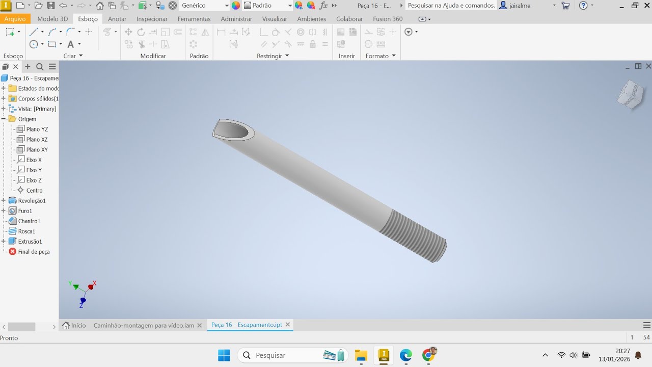 Peça 16 – Escapamento | Caminhão Betoneira em 3D | Autodesk Inventor