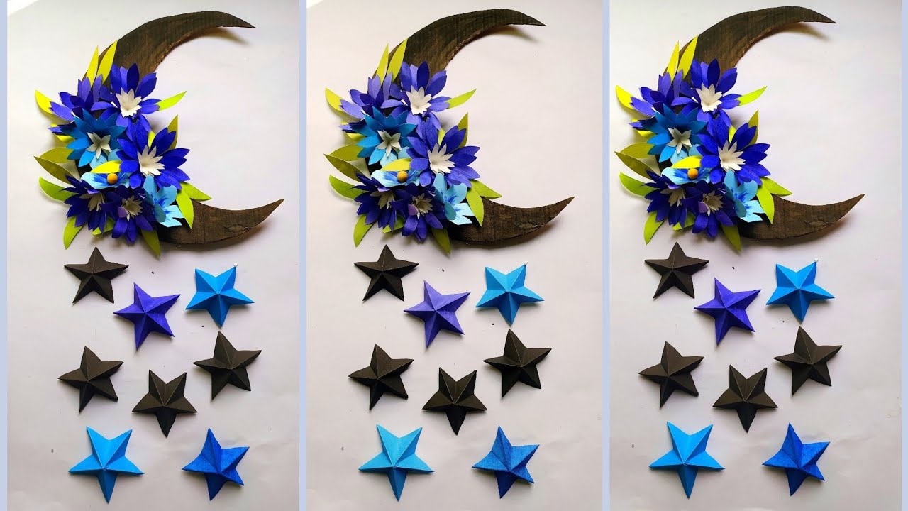 Ramadan decoration idea || Star moon wallmate || paper flower wallhanging || Eid  home decor..