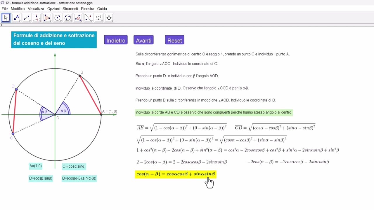 Formule di addizione e sottrazione del coseno e del seno - dimostrazione