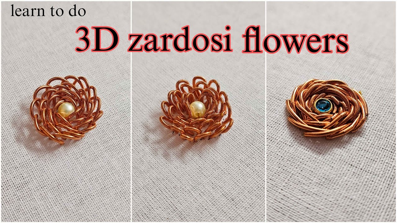 How to make 3D Rose flower using zardosi | hand embroidery zardosi flower #3dflowers #zardosiwork
