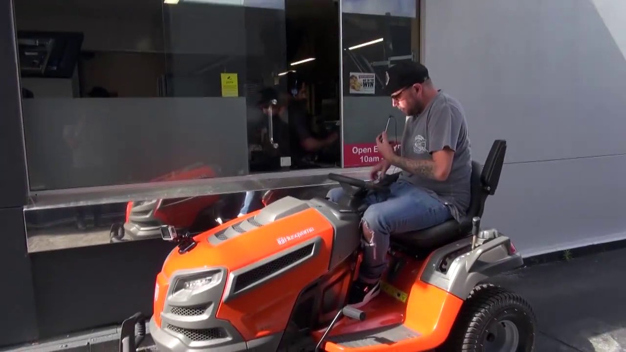 Can you go through a drive-thru on a ride-on lawn mower?