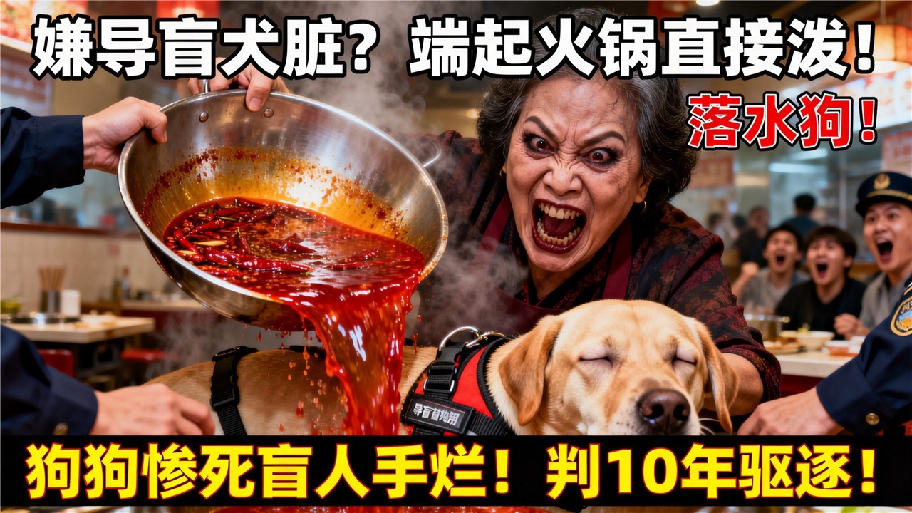火锅店大妈怒泼红油烫死导盲犬，笑称“落水狗”！盲人女孩抱尸痛哭！华裔检察官含泪控诉，法庭重判10年赔200万，绿卡作废终身禁养动物