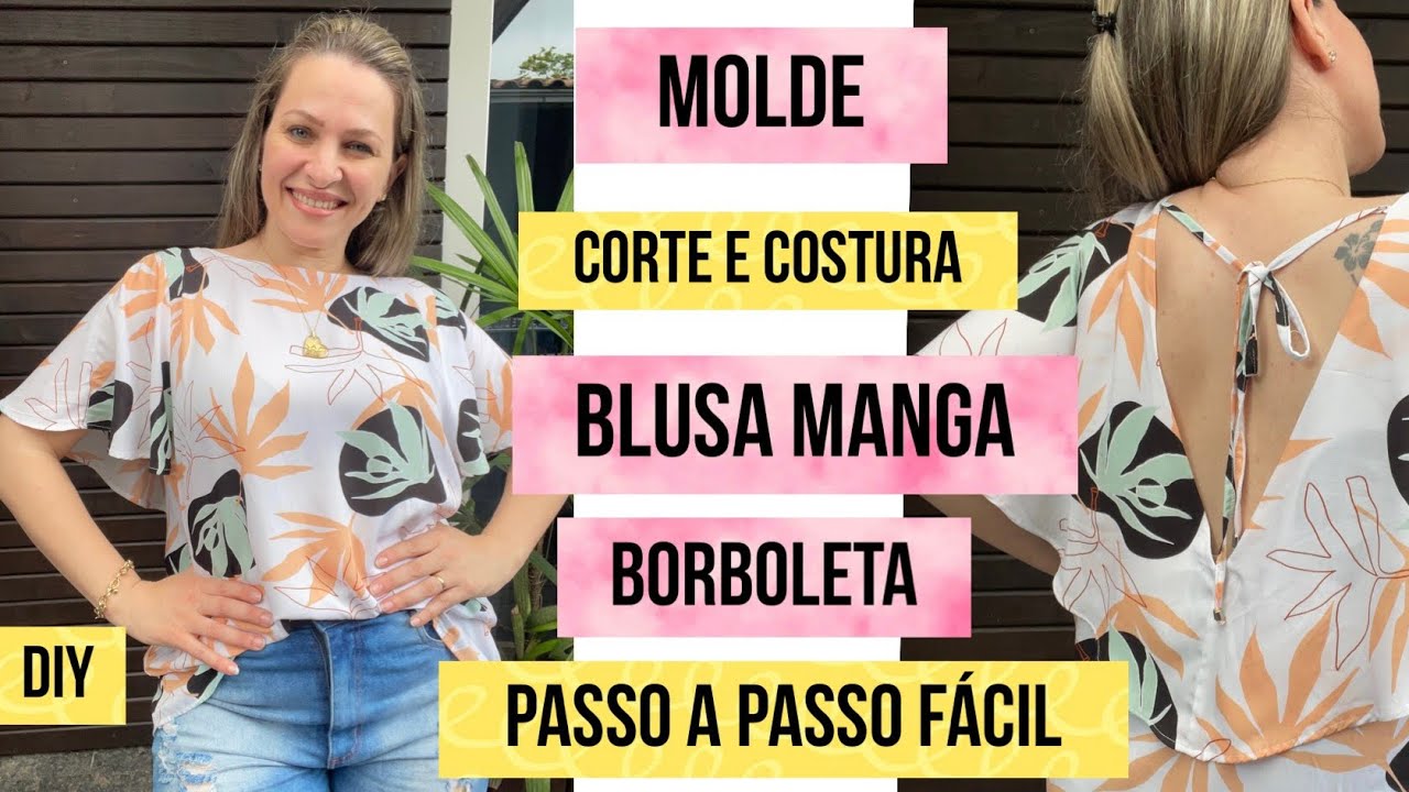 BLUSA LINDA COM MANGA BORBOLETA E COSTAS EM V-corte e costura fácil para iniciantes-#costura